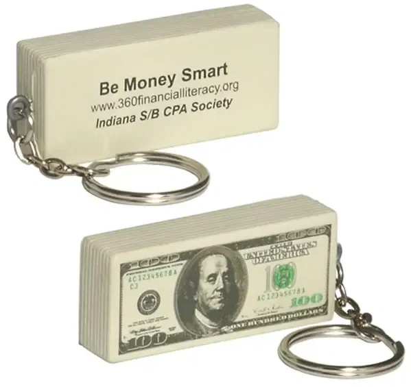 Custom $100 Bill Stress Reliever Keychain, branded rolled-money squeeze toy on key ring for banks