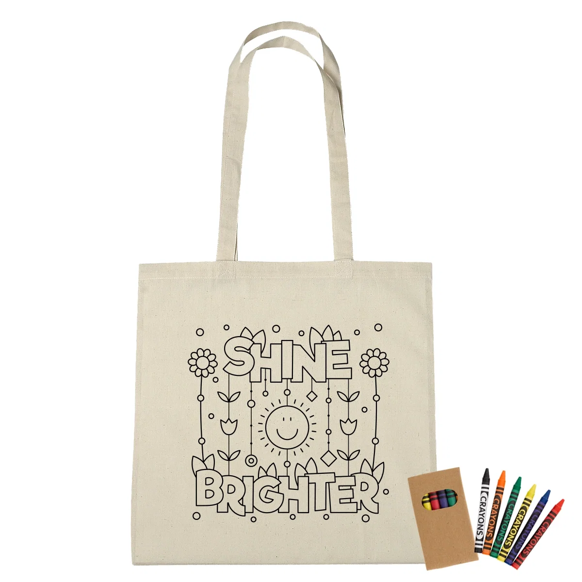 Cotton coloring tote bag shown with its crayon pack