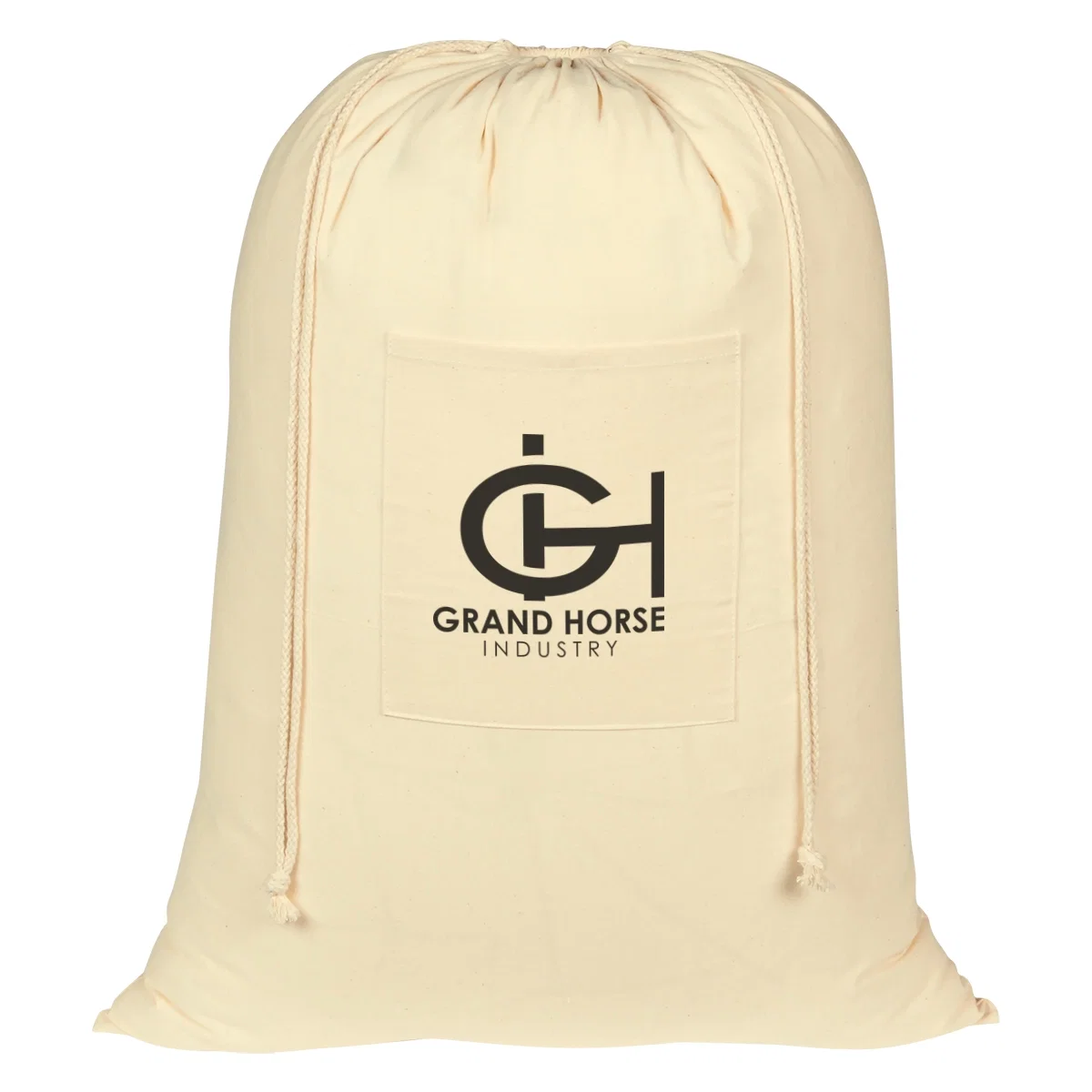 Natural cotton laundry bag with a front pocket for guest rooms