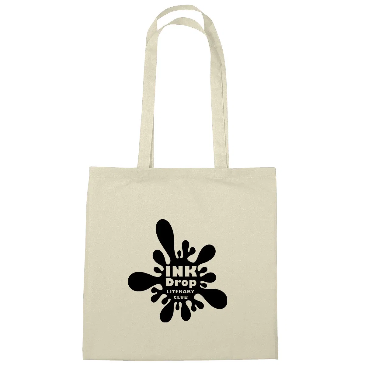 Black cotton tote shown flat with both handles extended