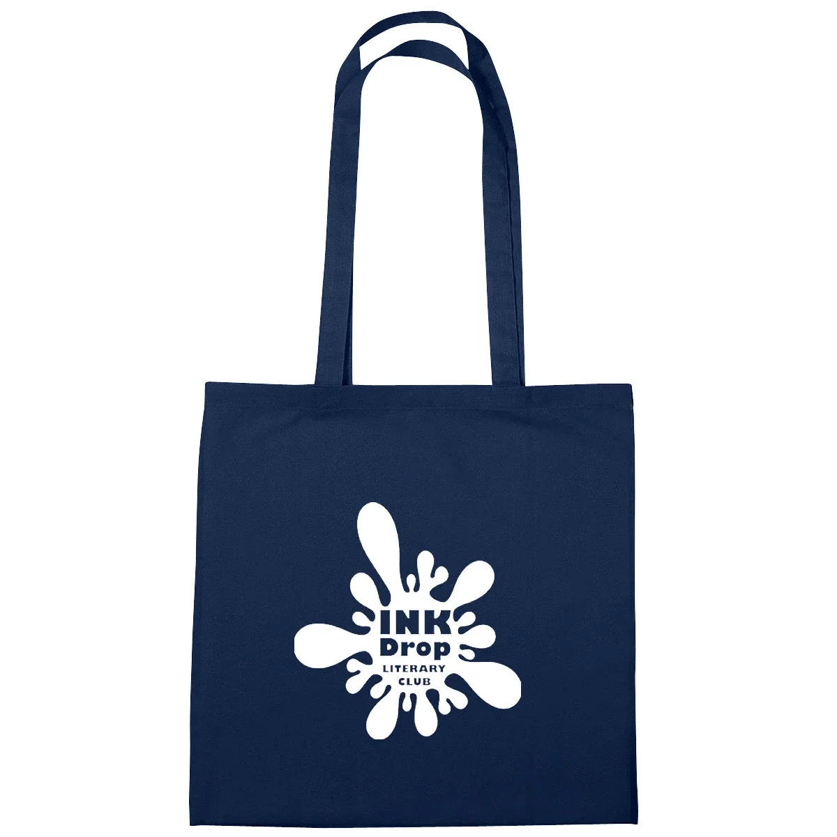 Navy tote viewed straight on, handles resting down