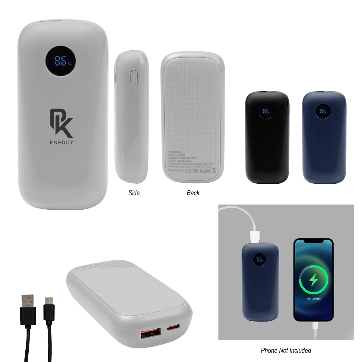 Ten thousand milliamp hour power bank shown flat with charging ports visible