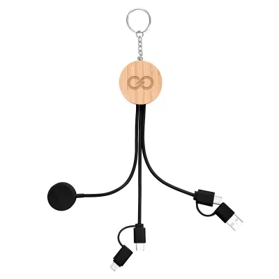 Bamboo charging keyring with cables and a smartwatch dock attached