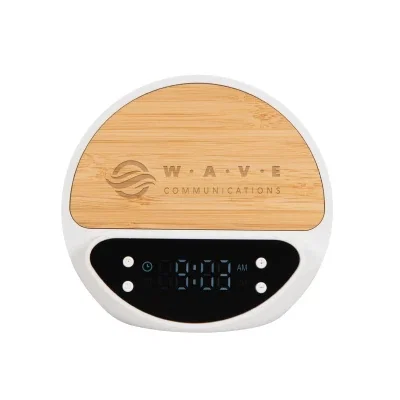 Bamboo wireless charger with a digital clock face, five inches wide