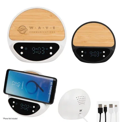 Clock display shown lit while a phone charges on the pad