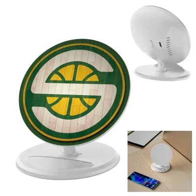 Round white wireless charging pad that props up as a stand