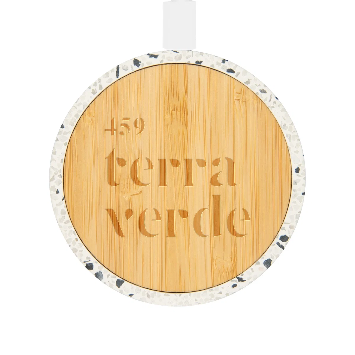 Round wireless charger pairing a bamboo base with speckled top