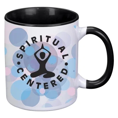 Eleven ounce white mug with a brightly colored handle and interior