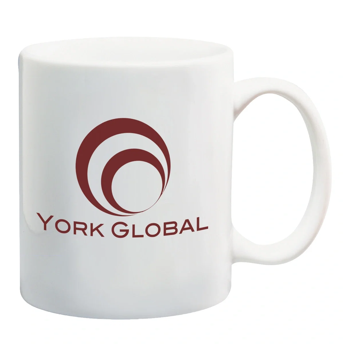 Eleven ounce white ceramic mug with a curved handle