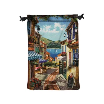Drawstring bag shown upright with the cords pulled closed
