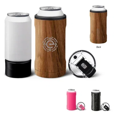 Insulated can cooler standing six inches tall in a fashion finish