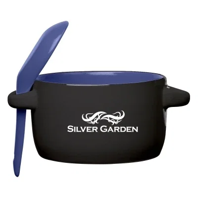 Overhead angle revealing the bright interior glaze and resting spoon