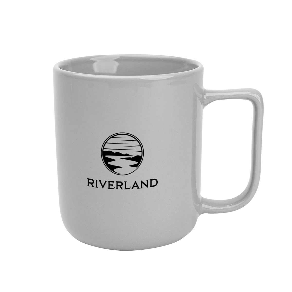 Twelve-ounce ceramic mug with a rounded handle seen from the side