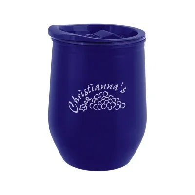 Blue cup viewed straight on against a plain backdrop