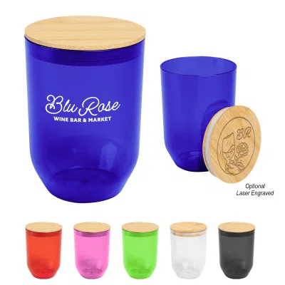Clear cup shown with the wooden top lifted off