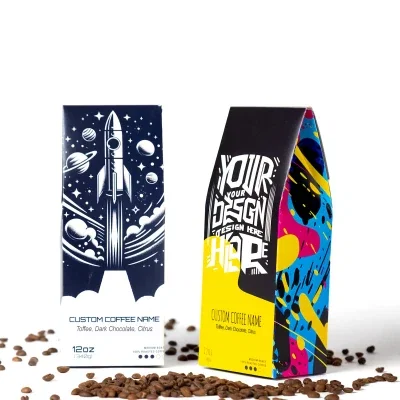 Twelve ounce bag of medium roast ground coffee standing upright