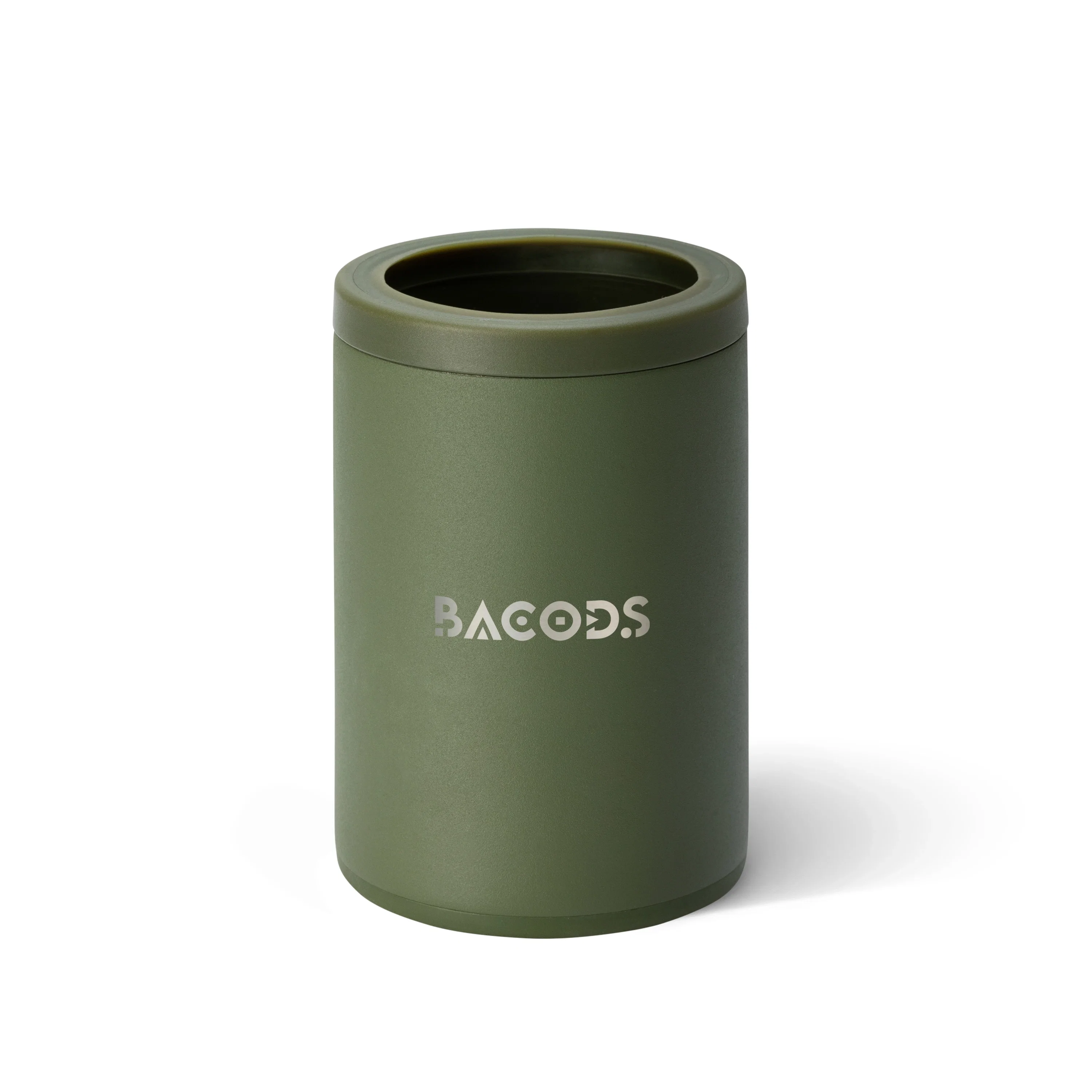 Can cooler shown upright holding a twelve-ounce drink