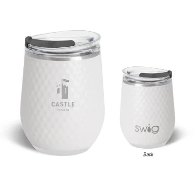 Stemless wine tumbler with a golf ball dimpled stainless finish