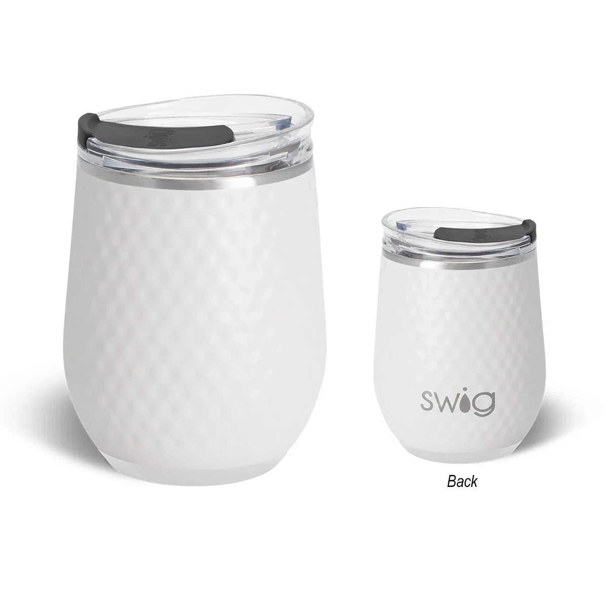 Compact stemless tumbler shot at an angle