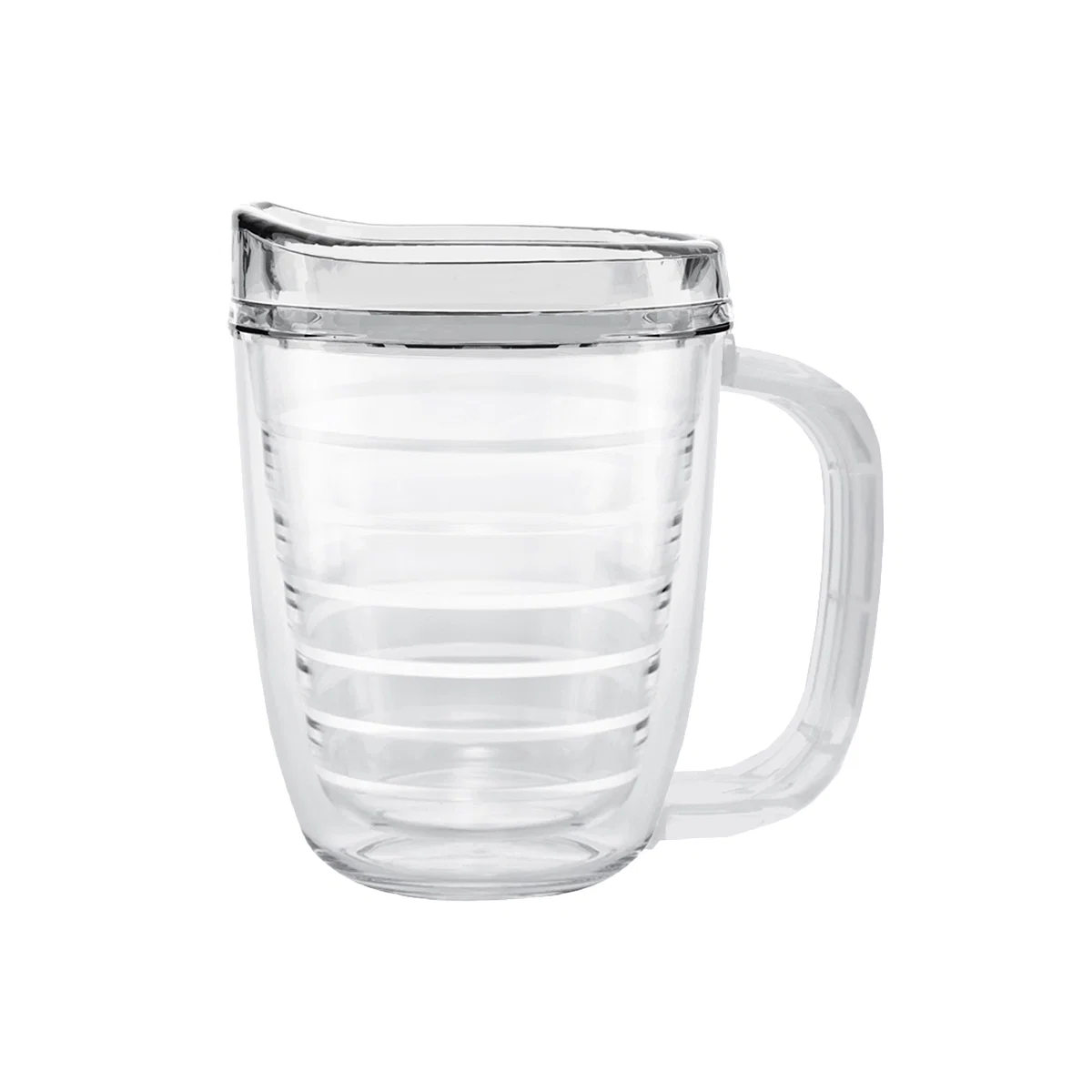 Clear twelve ounce mug topped with a snug fitting lid
