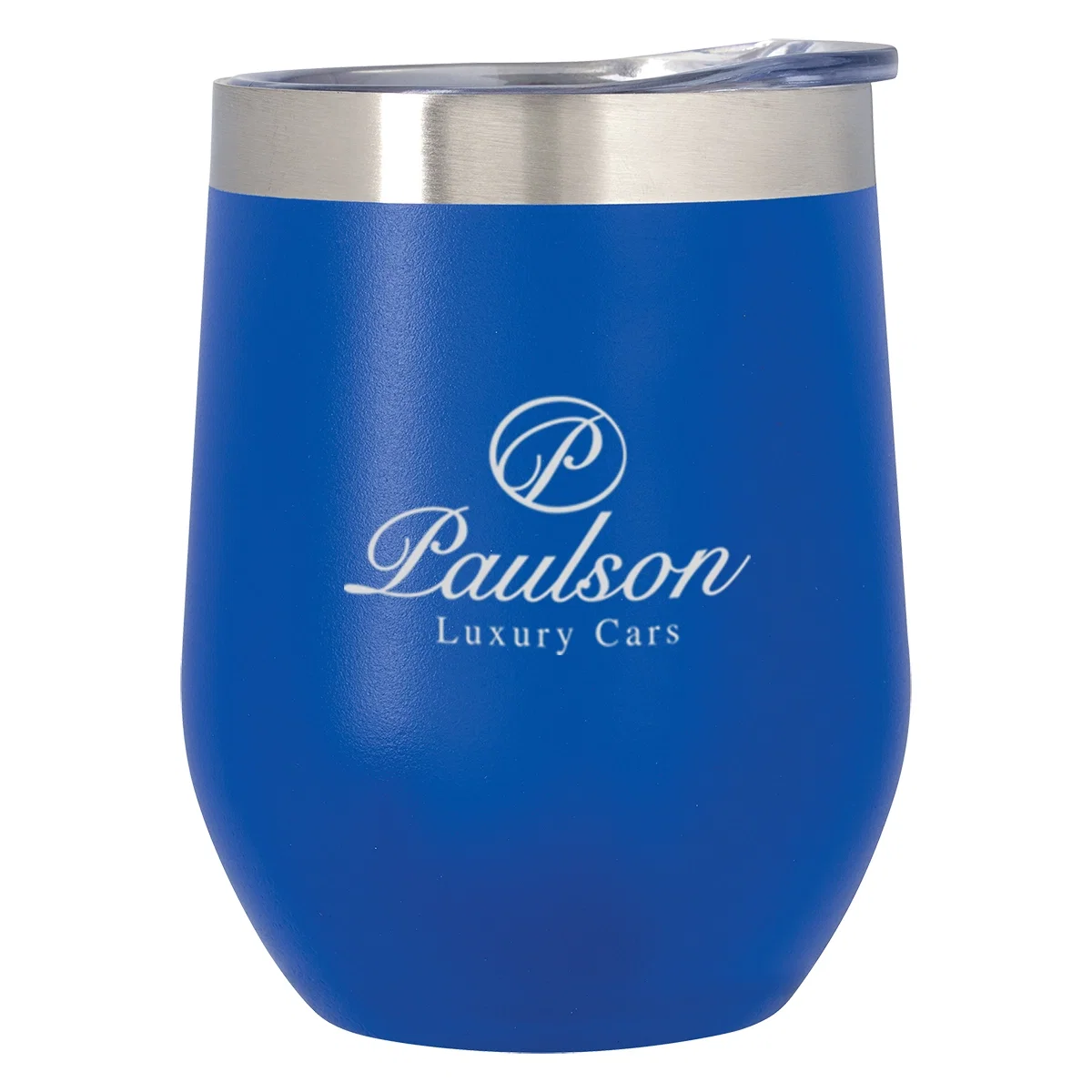 Colored stemless glass standing upright with a silver band