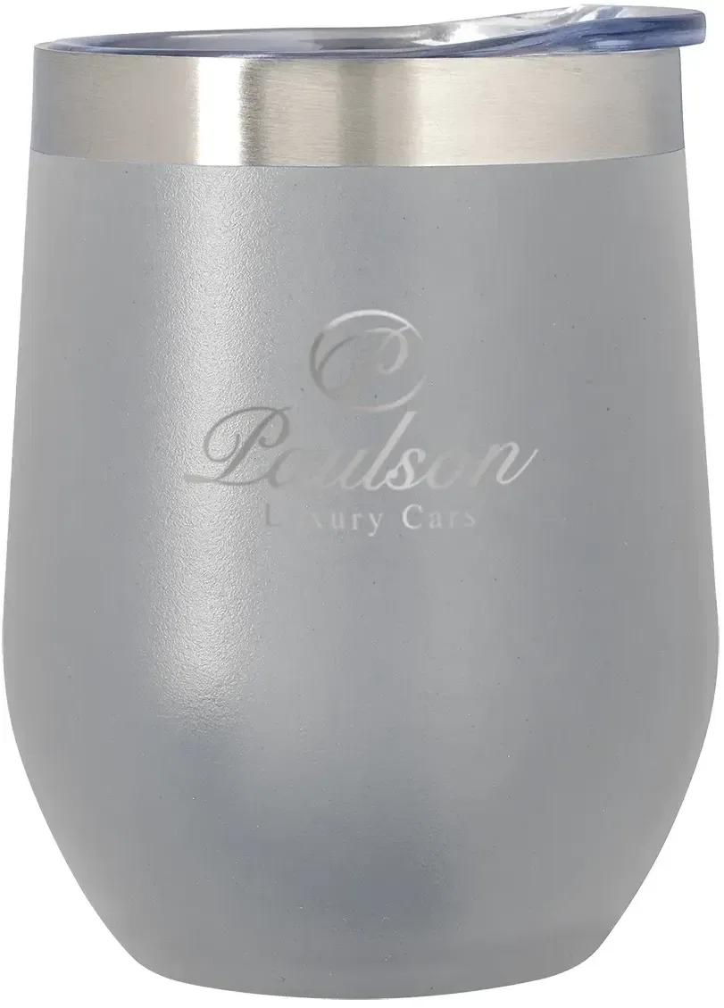 Stemless 12 oz wine glass finished with a silver accent