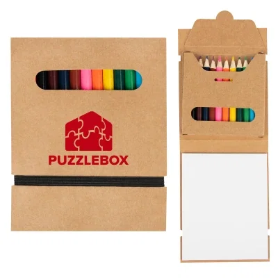 Twelve colored pencils packed with a small paper pad