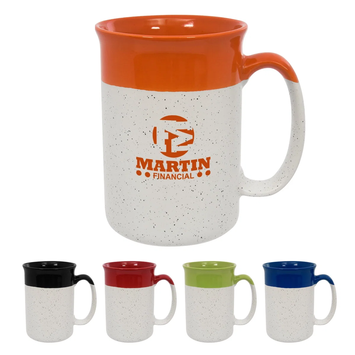 Mug held by its handle with a two tone speckled look