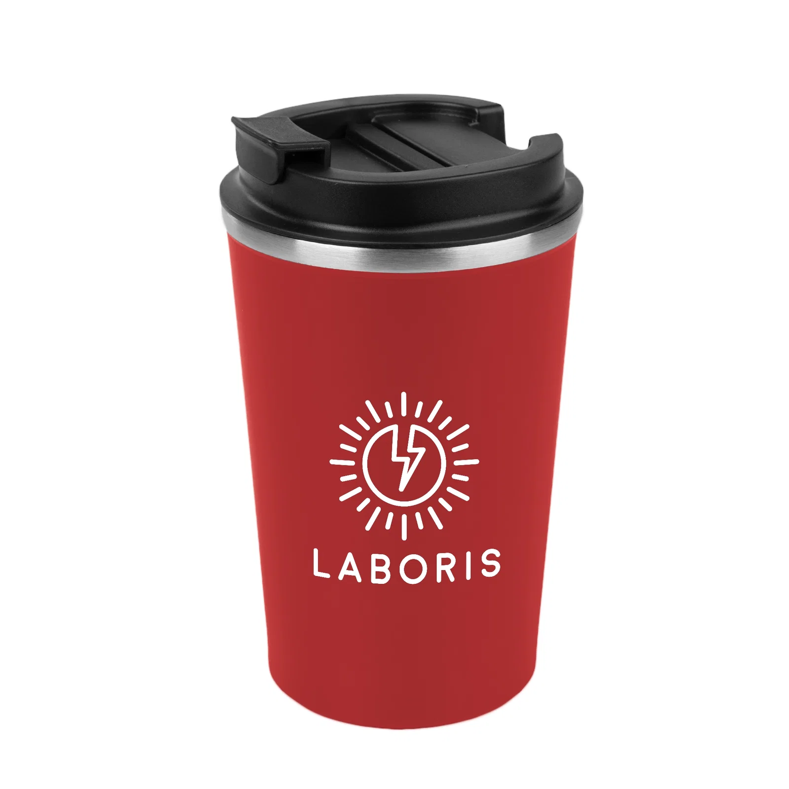 Double wall drinkware piece shown in full showing the spill resistant lid clearly