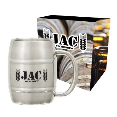 Copper barrel mug displayed beside its white gift box