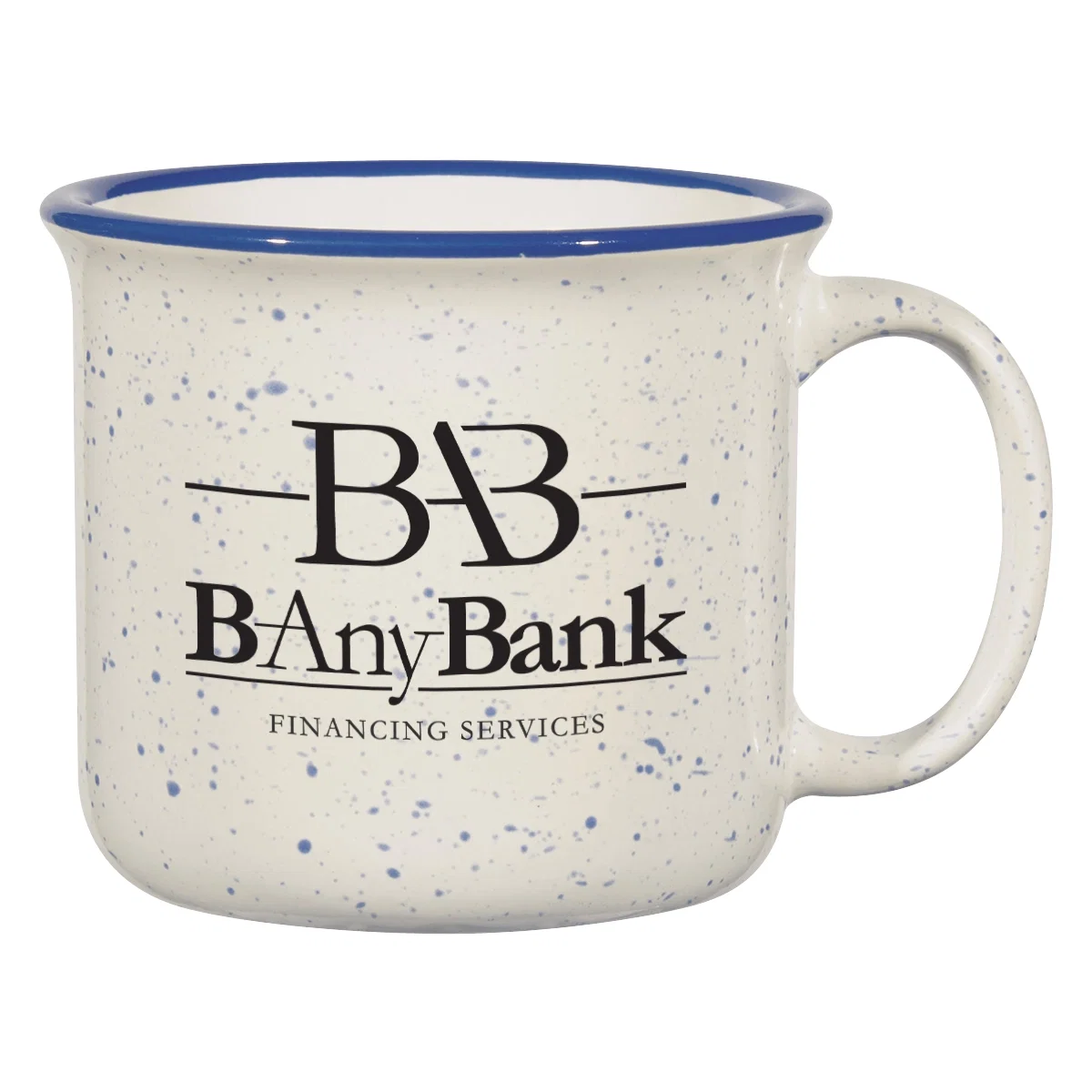 White campfire mug pictured from the front with its handle at right