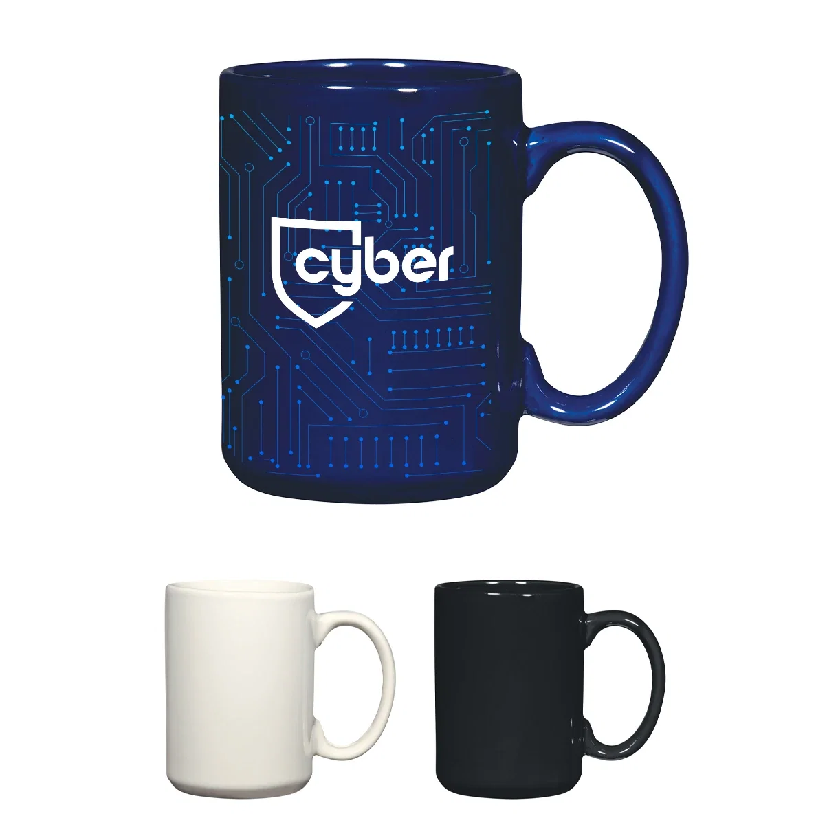 Full color mug holding fifteen ounces with a rounded handle