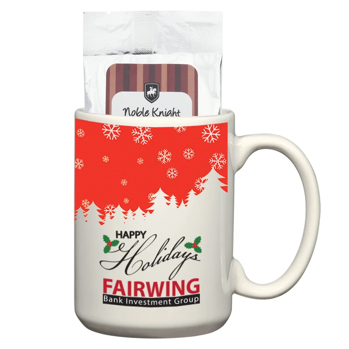 Cocoa sachets tucked beside the tall ceramic gift set