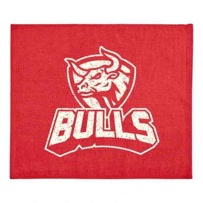 Cotton velour rally towel shown flat at fifteen by eighteen inches