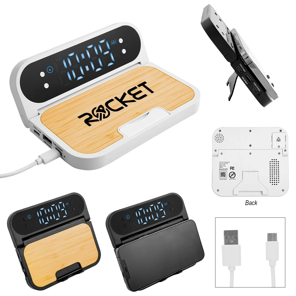 Bamboo folding charger with a digital clock display on a desk