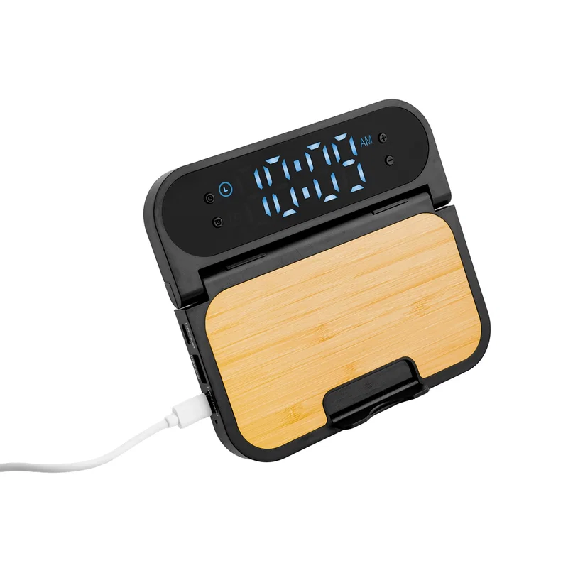 15W Bamboo Folding Charger With Digital Clock — view 2