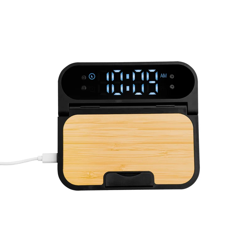 15W Bamboo Folding Charger With Digital Clock — view 4