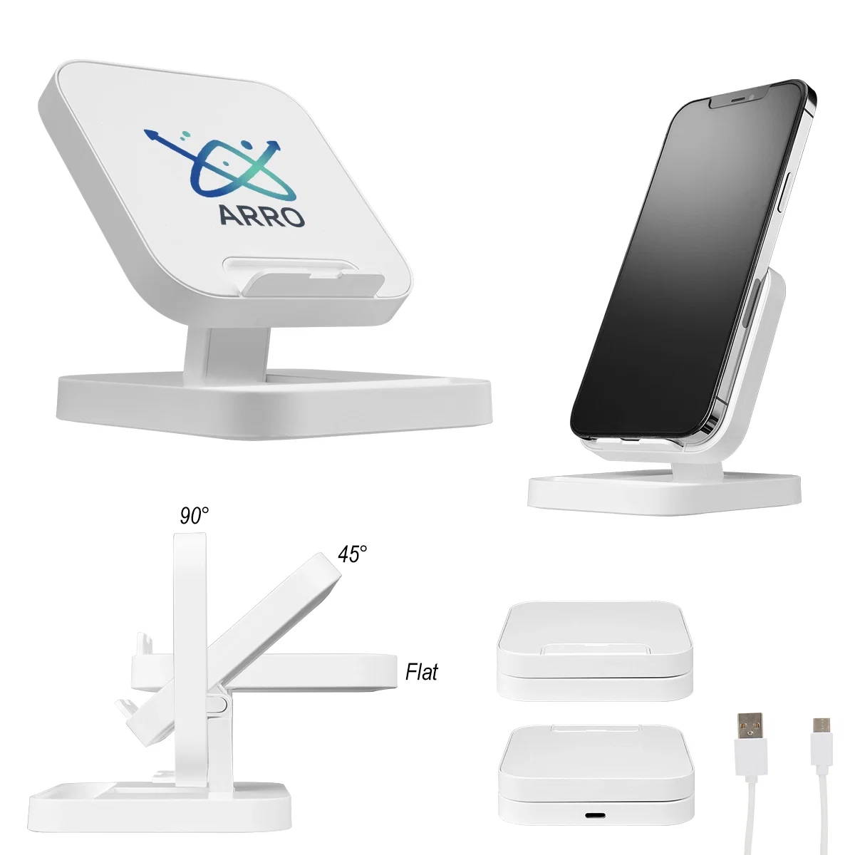 Wireless charging stand holding a phone upright