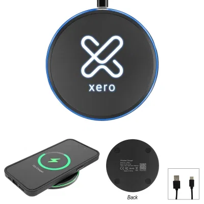 Slim 15W wireless charging pad in black, four inches across