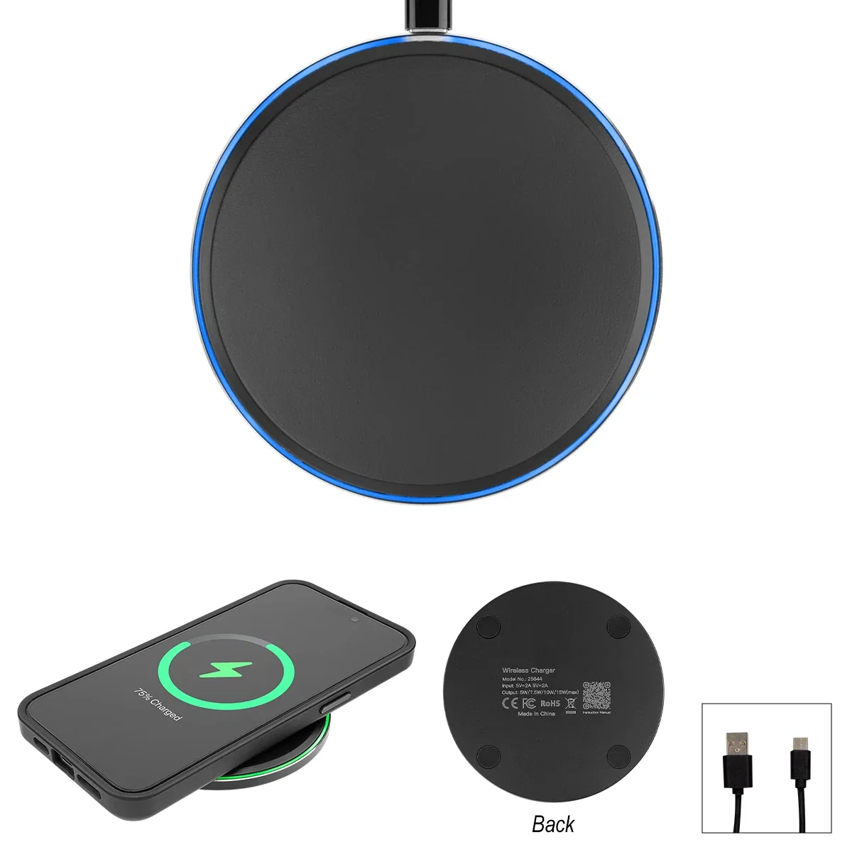 Phone resting flat on the round pad while charging