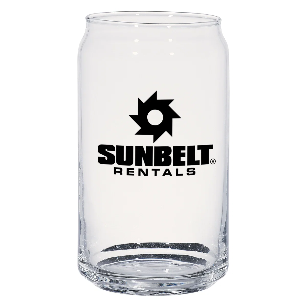 Clear sixteen ounce glass shaped like a beverage can, five inches tall