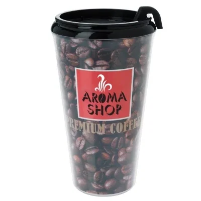 Black tumbler with a matching lid shown upright