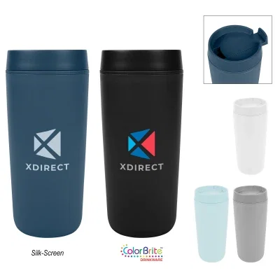 Recycled tumbler holding 16 ounces, roughly seven inches in height.
