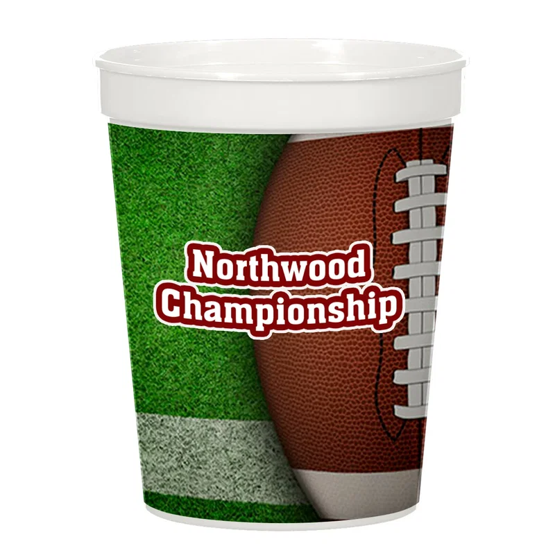 Sports-themed drink cup photographed straight on