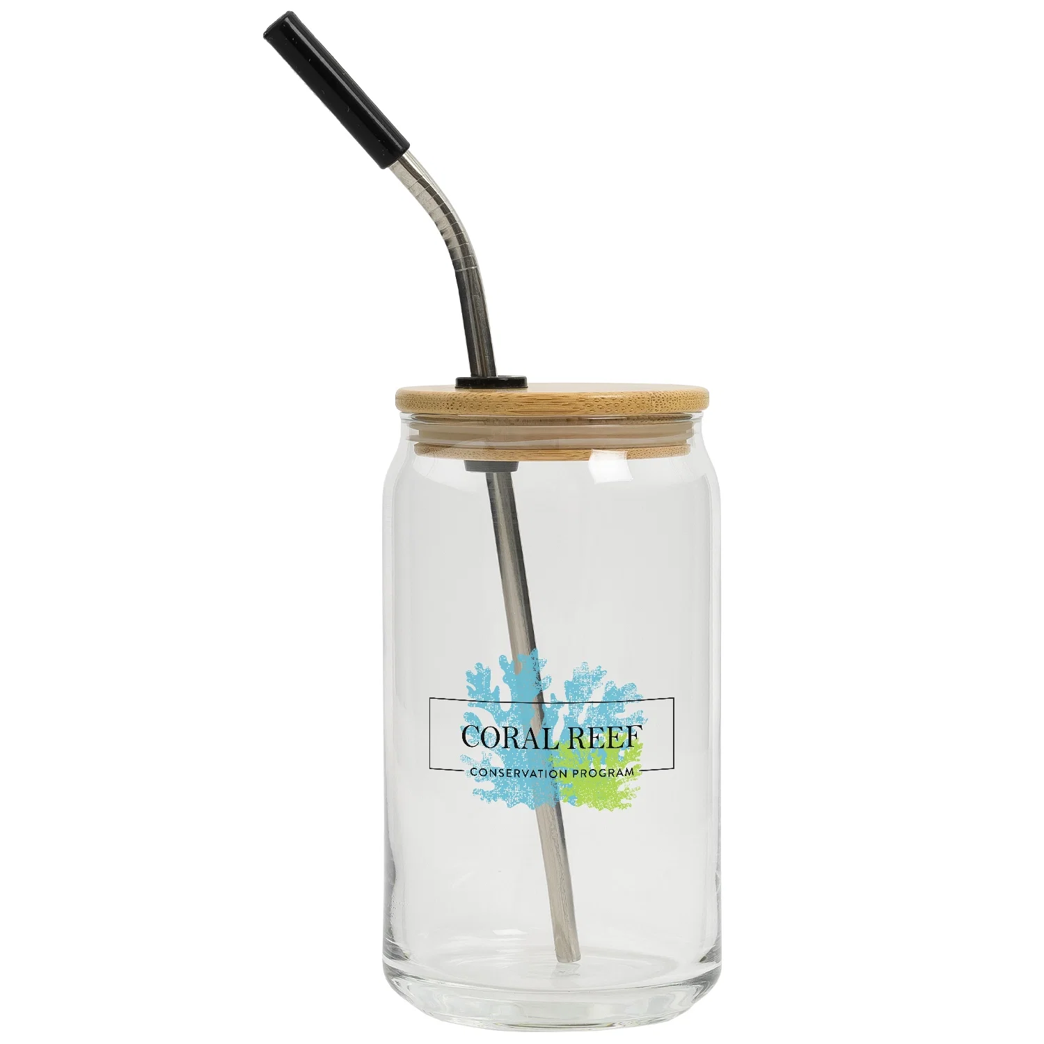 Sixteen ounce clear can glass topped with a bamboo lid