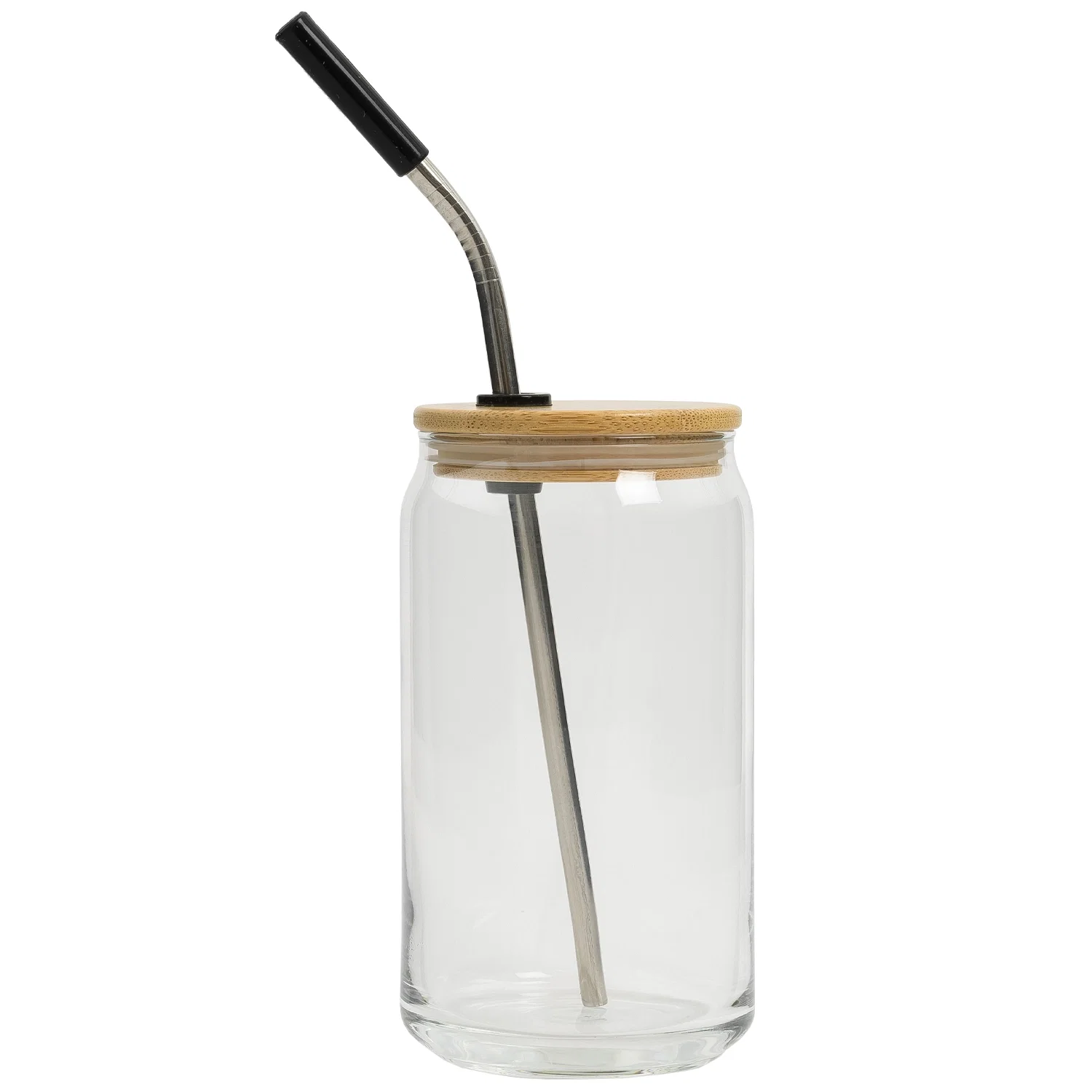 Bamboo top removed and resting beside the glass tumbler