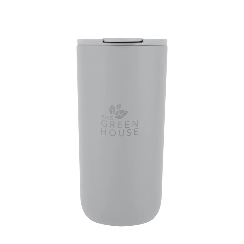 Half-turn view of the stainless steel tumbler from above