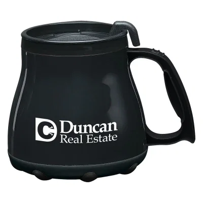 Wide desk mug topped with a black lid