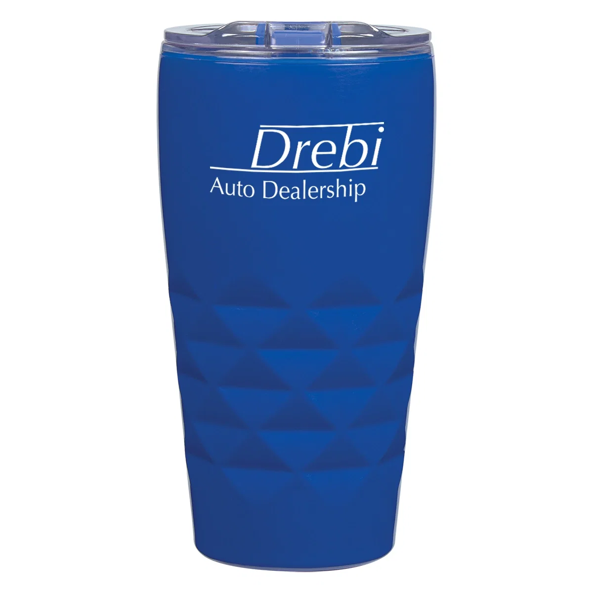 Black travel tumbler shown with its lid attached