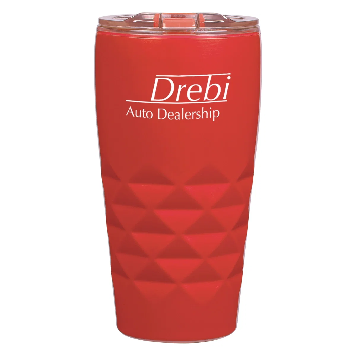 Red tumbler photographed from a slight angle